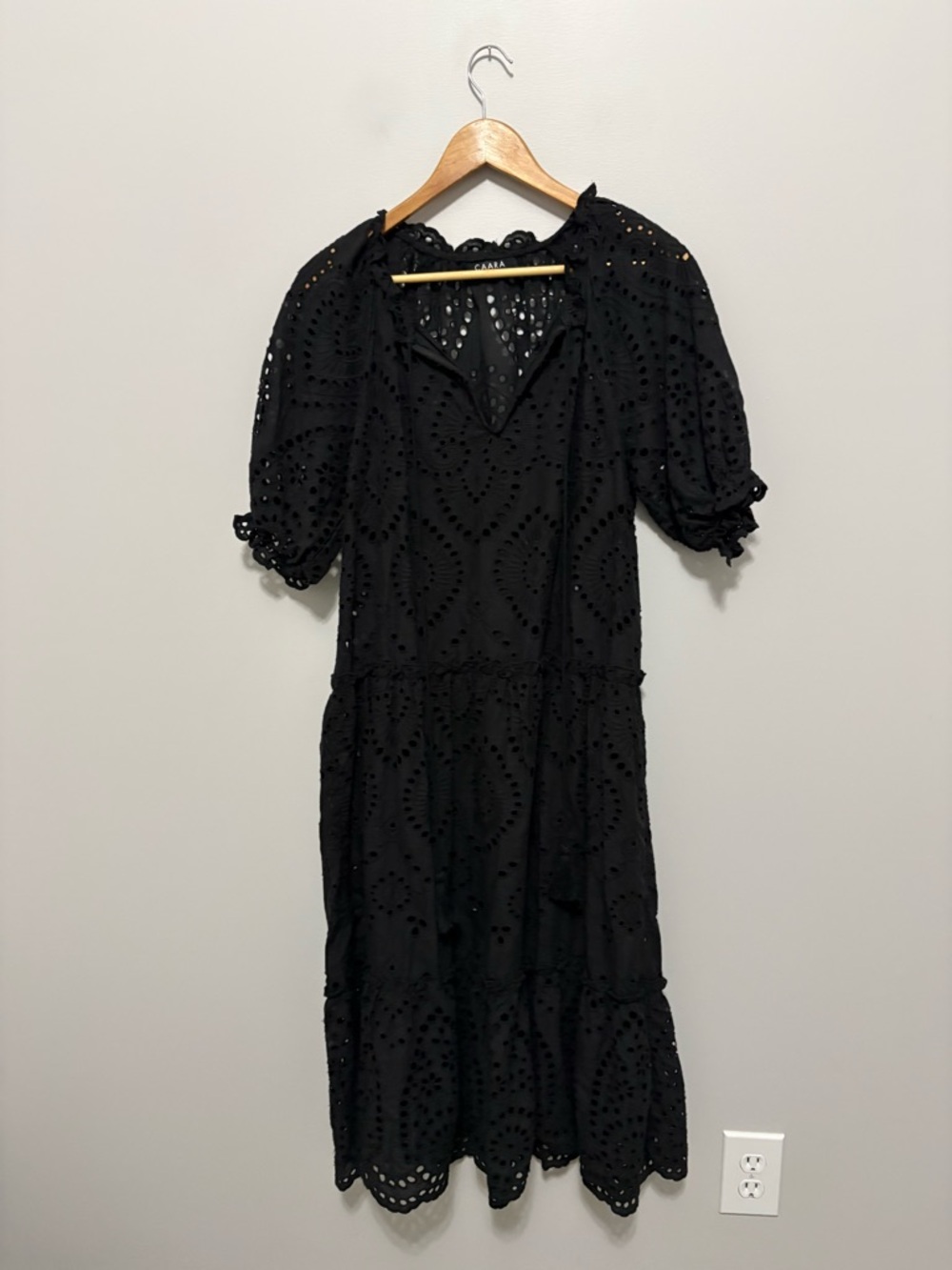 Caara Cotton Black Puff Sleeve Eyelet Summer Flowy Boho Midi Dress